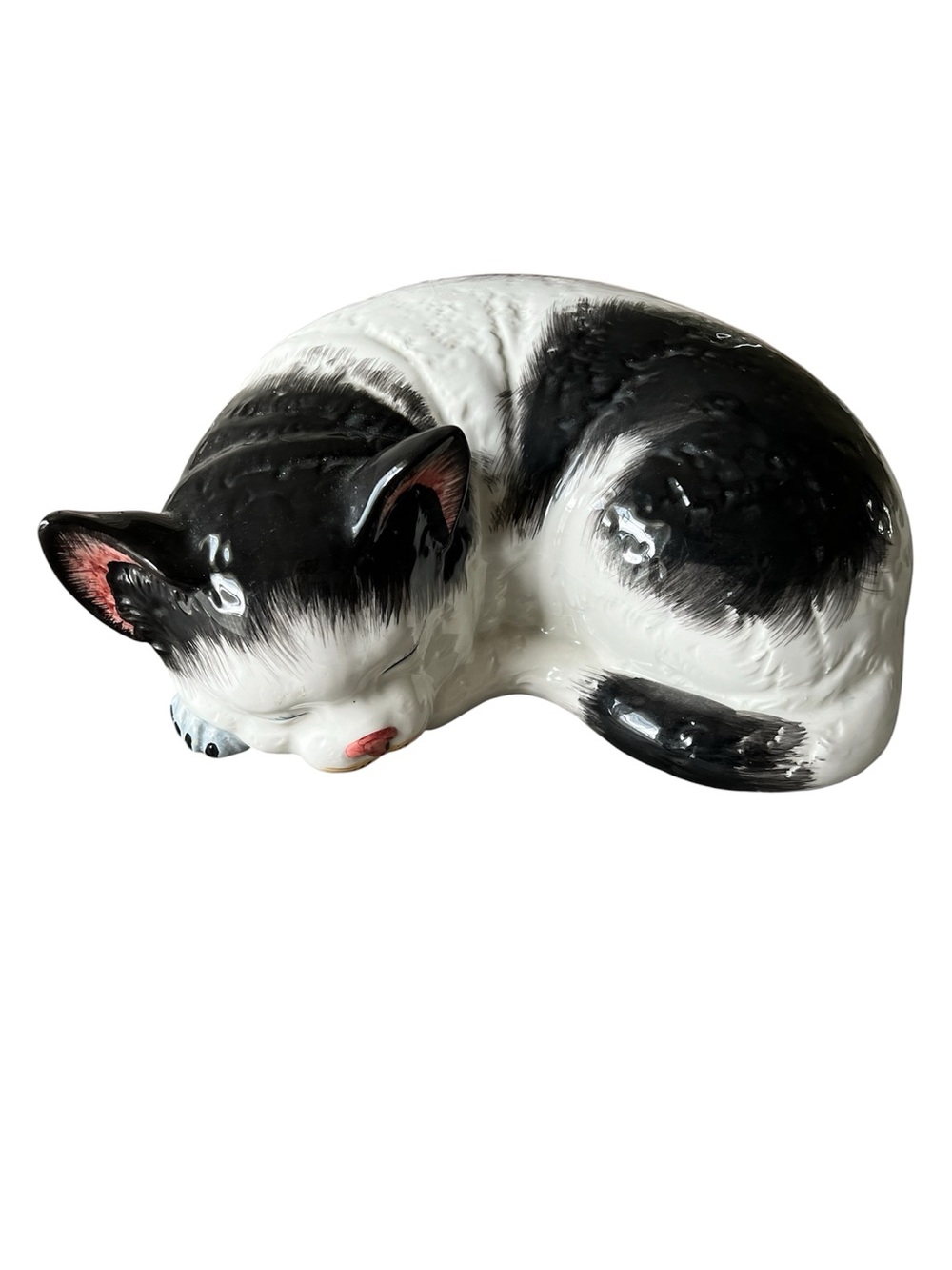 Vintage Italian Life-Size Hand-Painted Black & White Sleeping Ceramic Cat